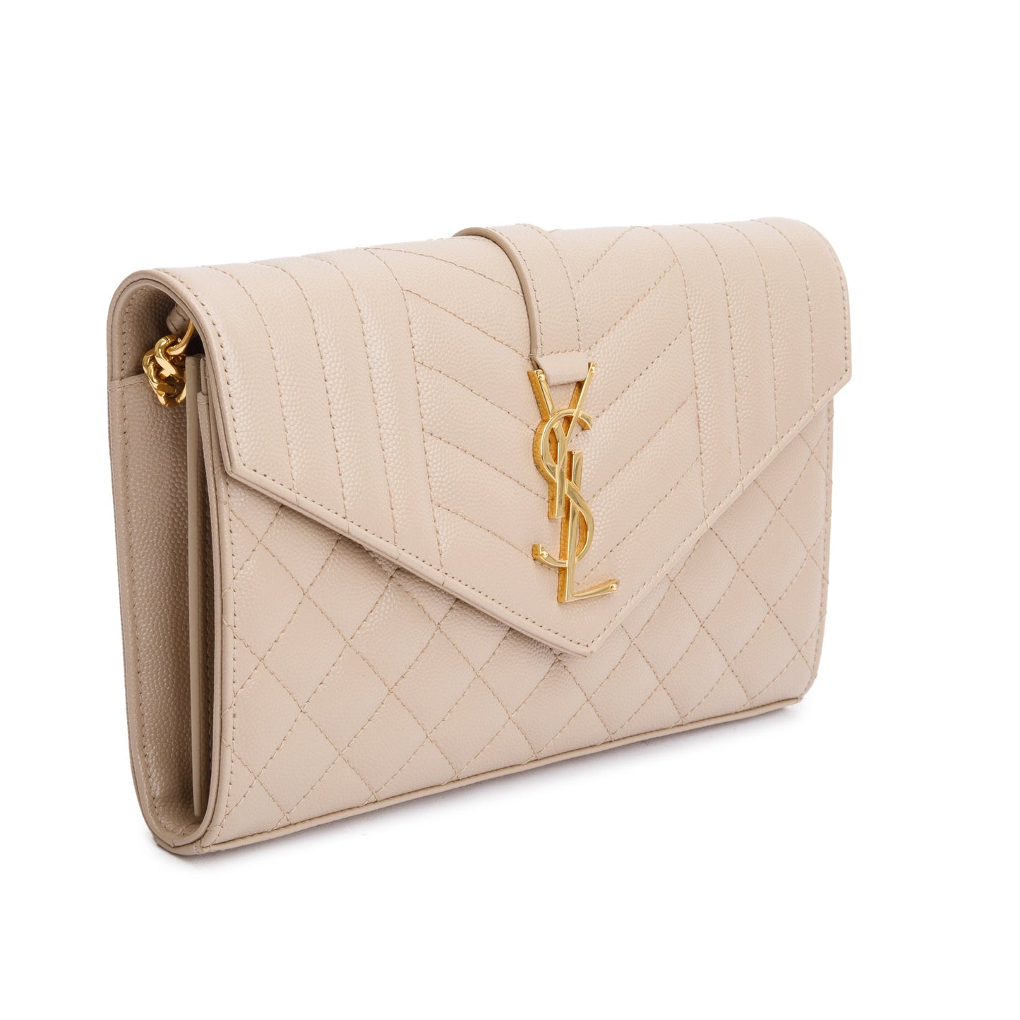 Saint Laurent Beige Mix Matelasse Grain De Poudre Leather Envelope Chain Wallet