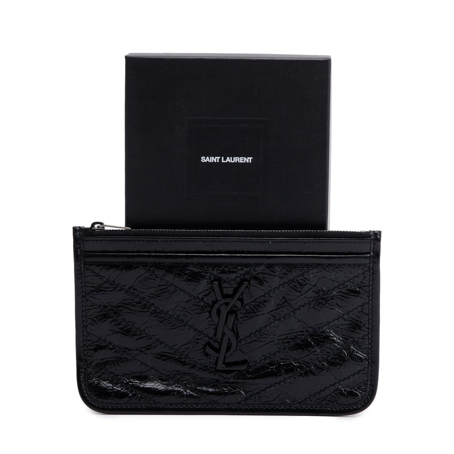 Saint Laurent Black Crinkled Calfskin Matelasse Leather Monogram Niki Bill Pouch