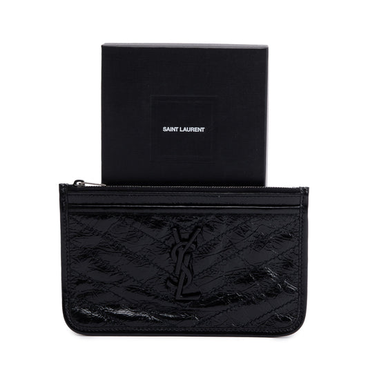 Saint Laurent Black Crinkled Calfskin Matelasse Leather Monogram Niki Bill Pouch