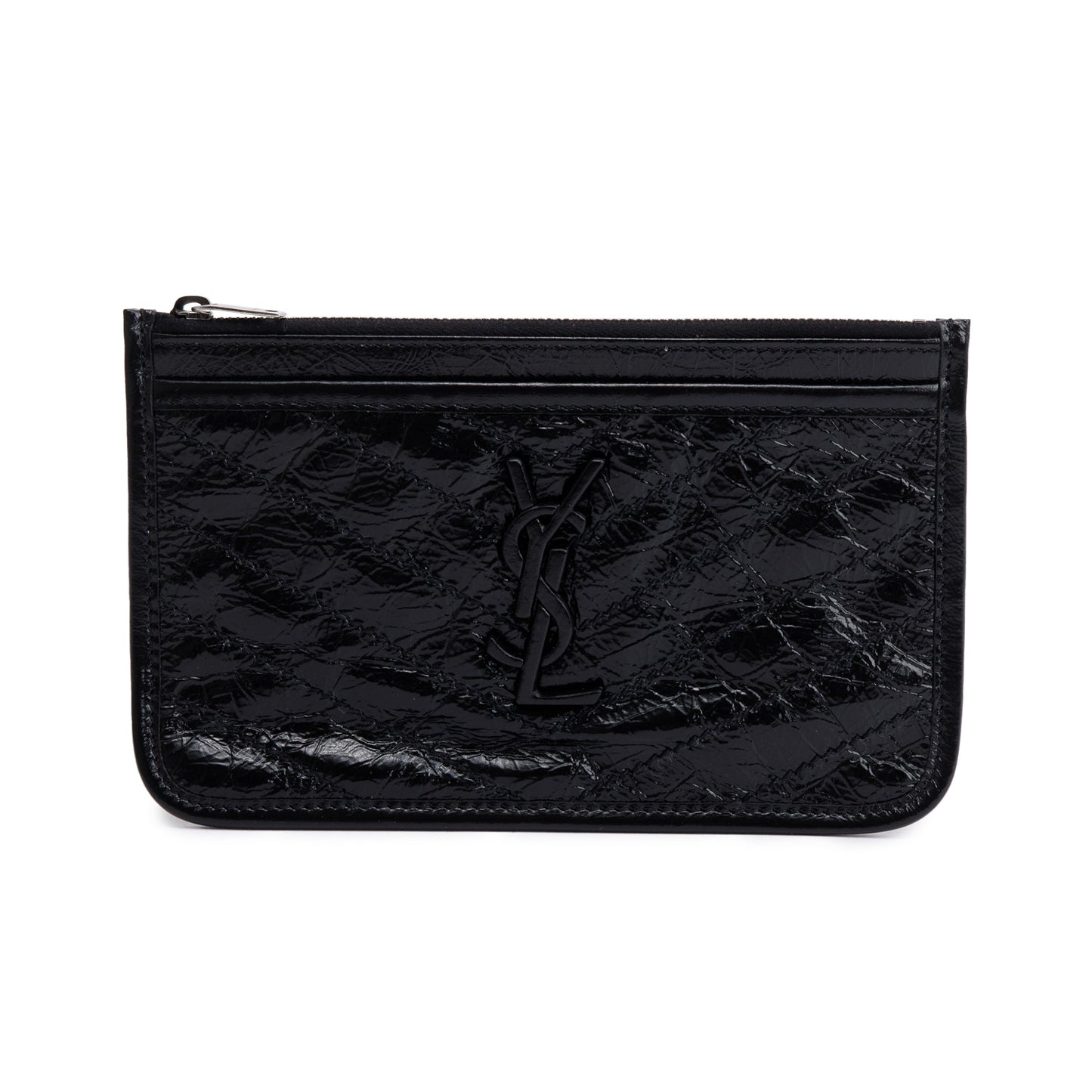 Saint Laurent Black Crinkled Calfskin Matelasse Leather Monogram Niki Bill Pouch