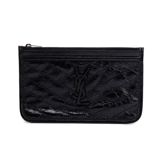 Saint Laurent Black Crinkled Calfskin Matelasse Leather Monogram Niki Bill Pouch