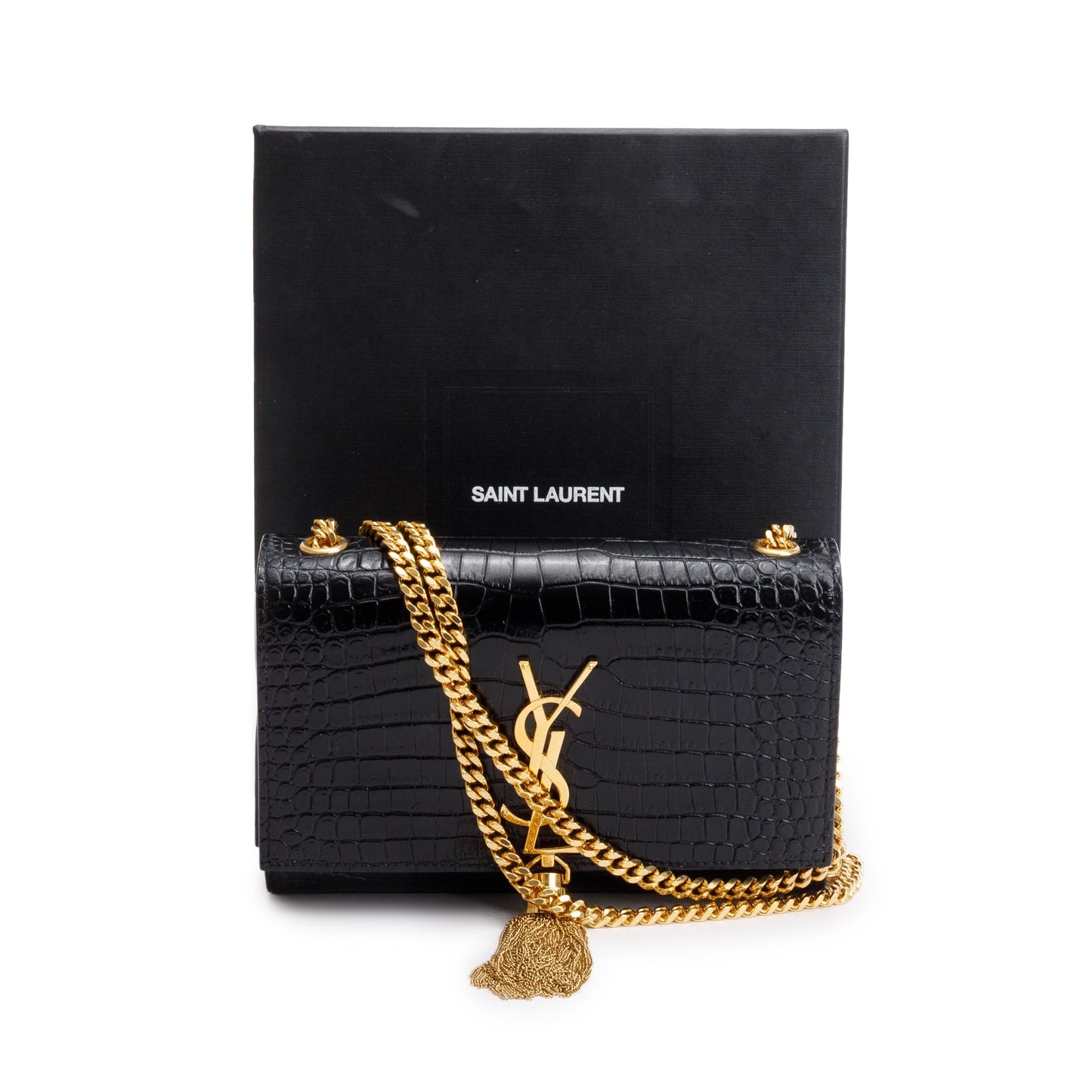 Saint Laurent Black Croc-Embossed Leather Small Kate Tassel Bag