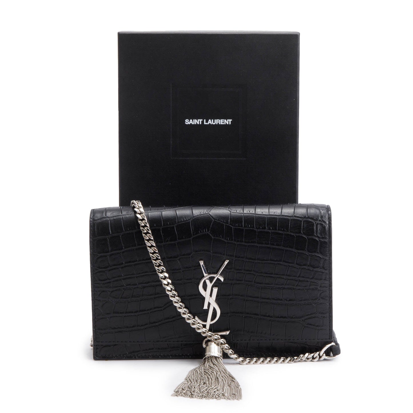 Saint Laurent Black Croc-Embossed Leather Small Kate Tassel Bag