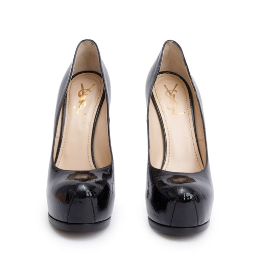 Saint Laurent Black Croc-Embossed Patent Leather Tribtoo 105 Platform Pumps, Size 40