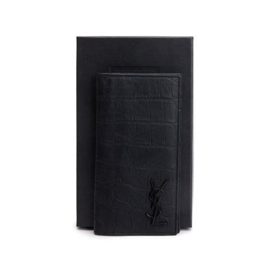 Saint Laurent Black Crocodile-Embossed Leather Cassandre Continental Wallet