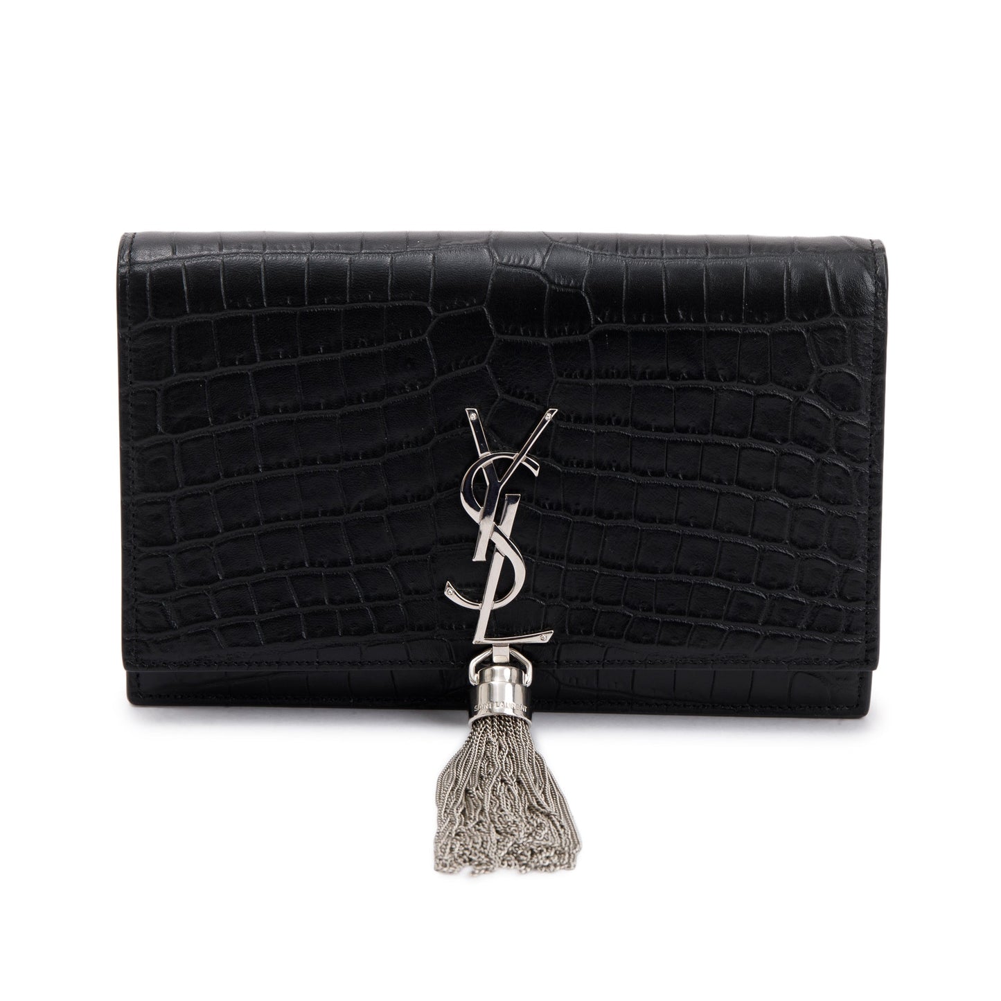 Saint Laurent Black Crocodile-Embossed Leather Small Classic Monogram Kate Tassel Chain Bag