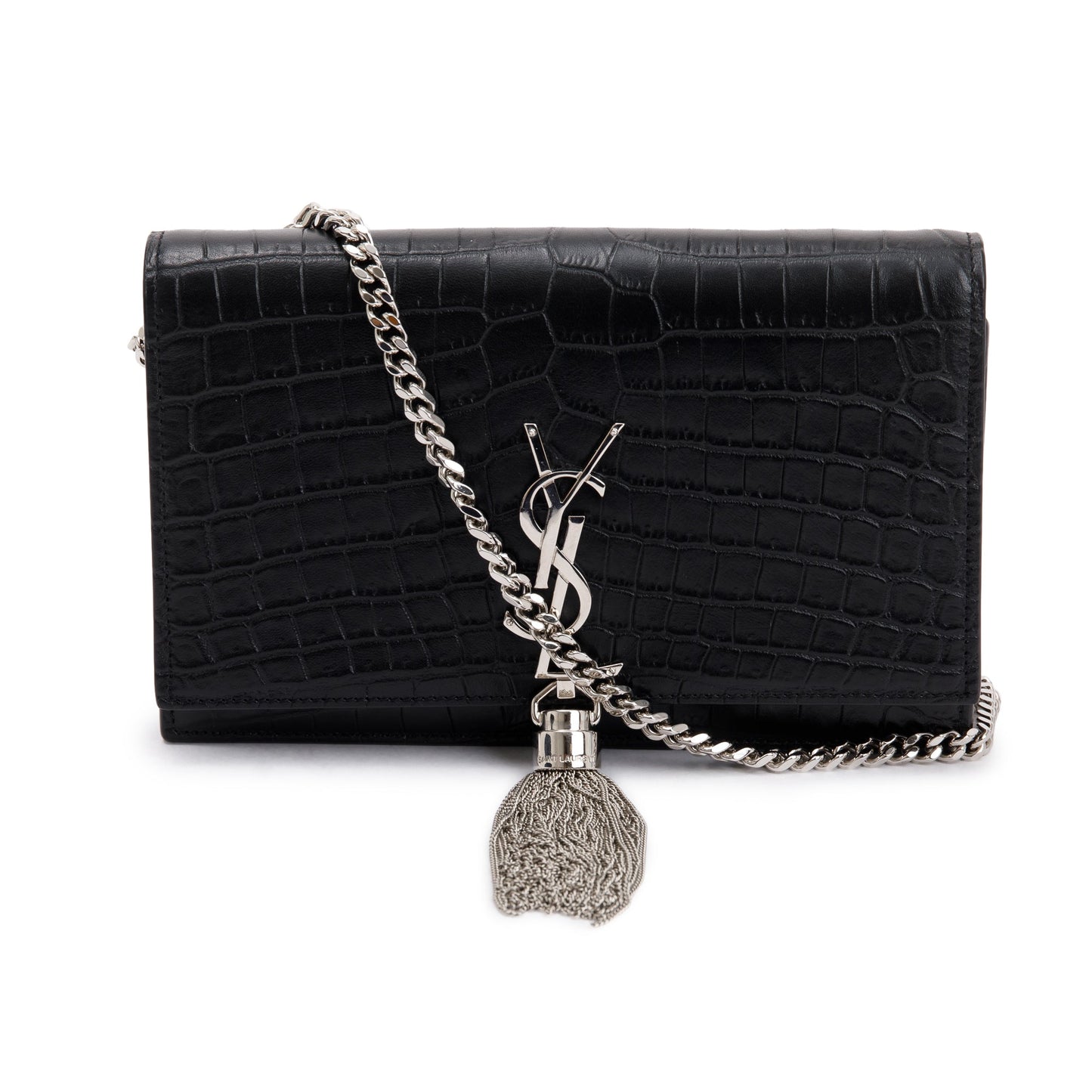 Saint Laurent Black Crocodile-Embossed Leather Small Classic Monogram Kate Tassel Chain Bag