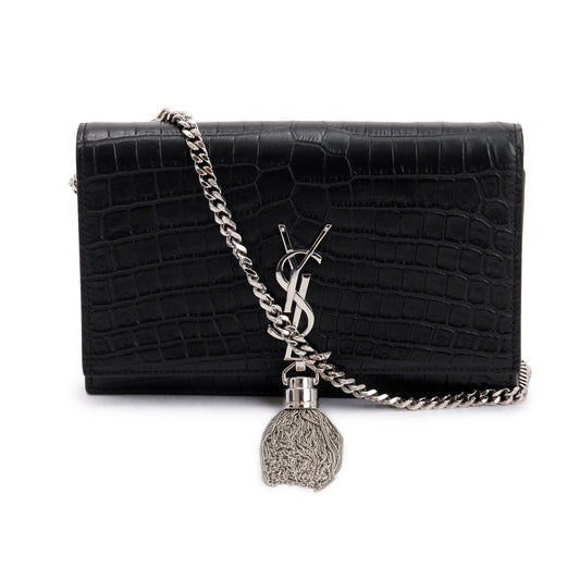 Saint Laurent Black Crocodile-Embossed Leather Small Classic Monogram Kate Tassel Chain Bag