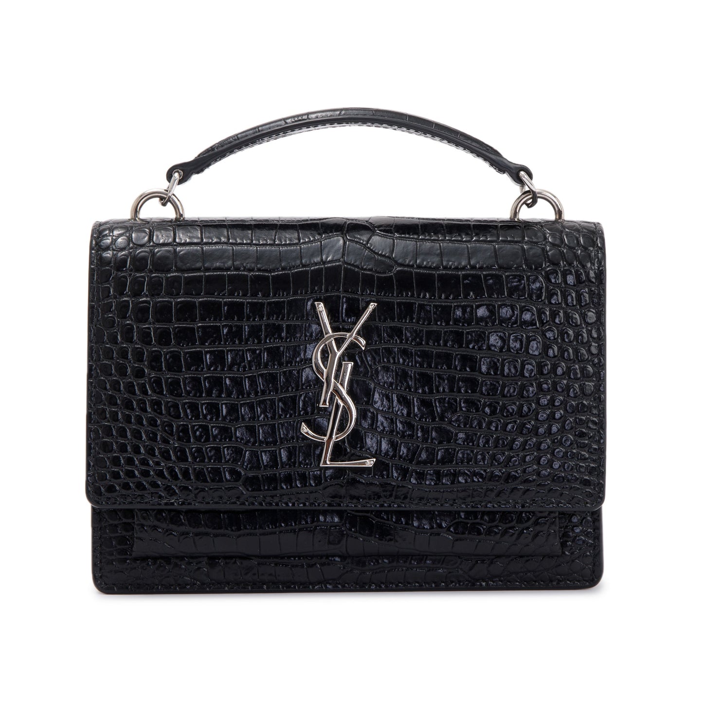 Saint Laurent Black Crocodile Embossed Small Sunset Chain Wallet