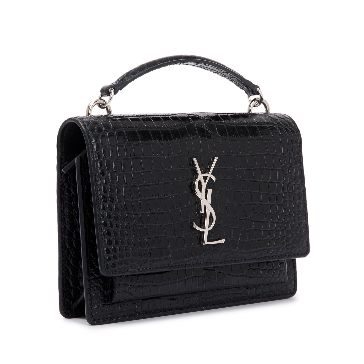 Saint Laurent Black Crocodile Embossed Small Sunset Chain Wallet