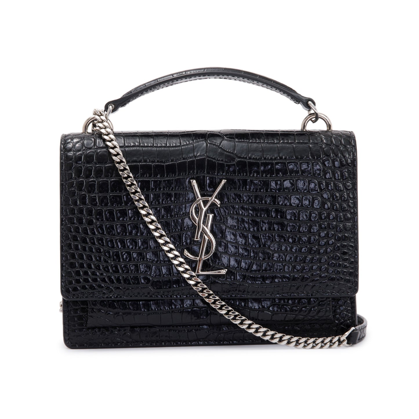 Saint Laurent Black Crocodile Embossed Small Sunset Chain Wallet