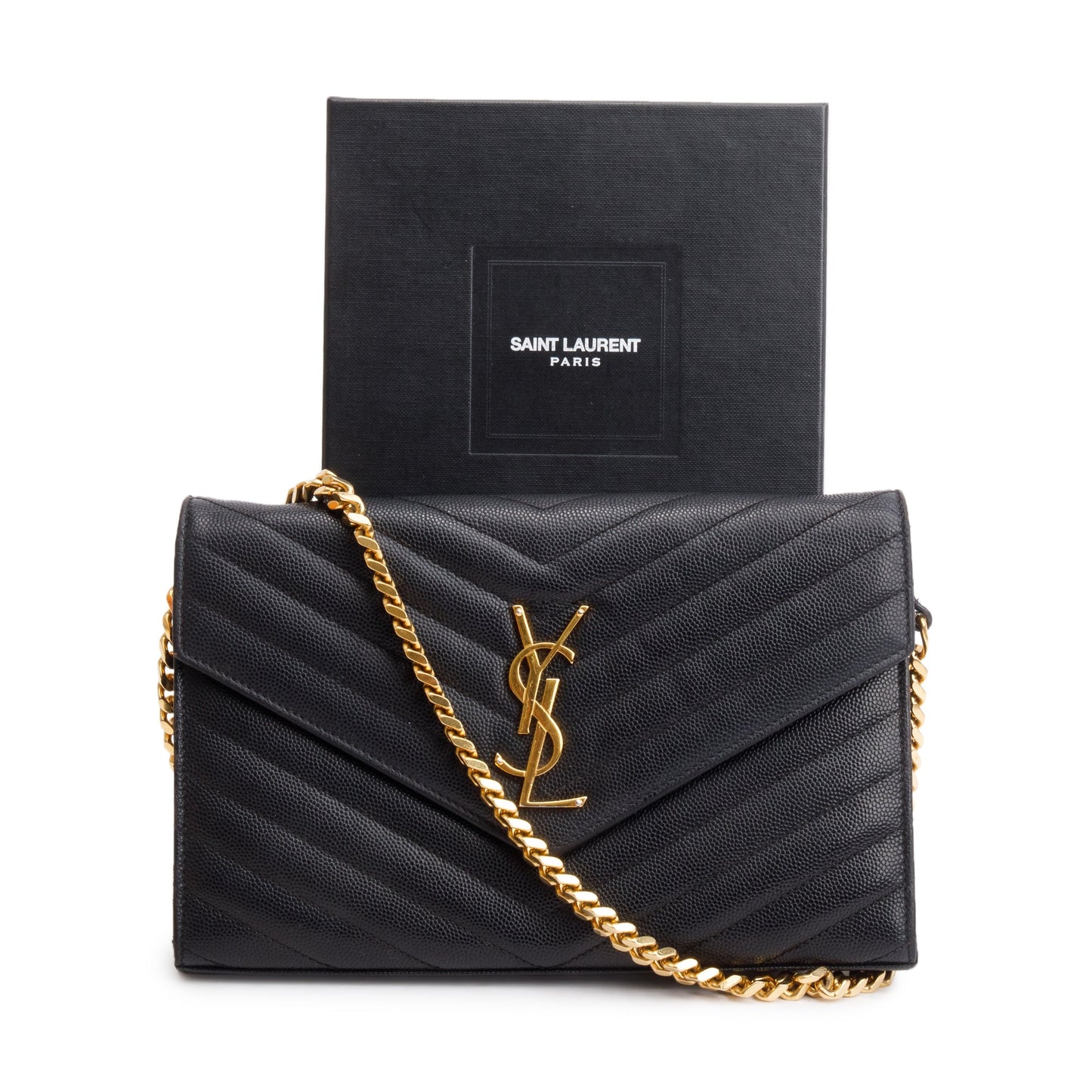 Saint Laurent Black Grain De Poudre Cassandre Envelope Chain Wallet