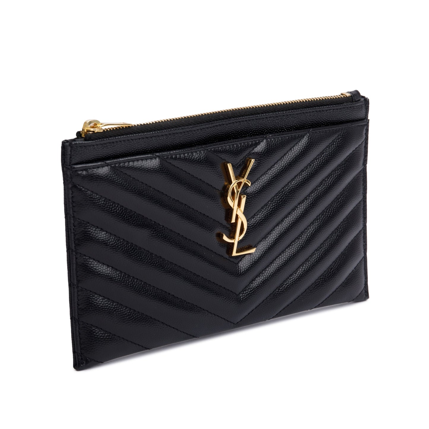 Saint Laurent Black Grain De Poudre Embossed Leather Cassandre Matelasse Zipped Pouch