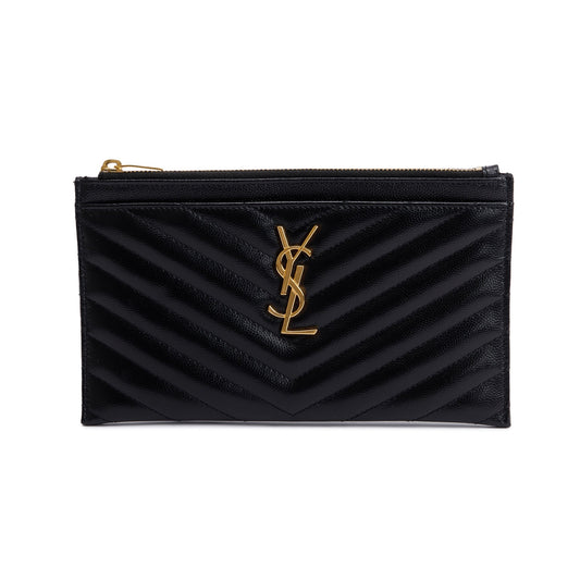Saint Laurent Black Grain De Poudre Embossed Leather Cassandre Matelasse Zipped Pouch