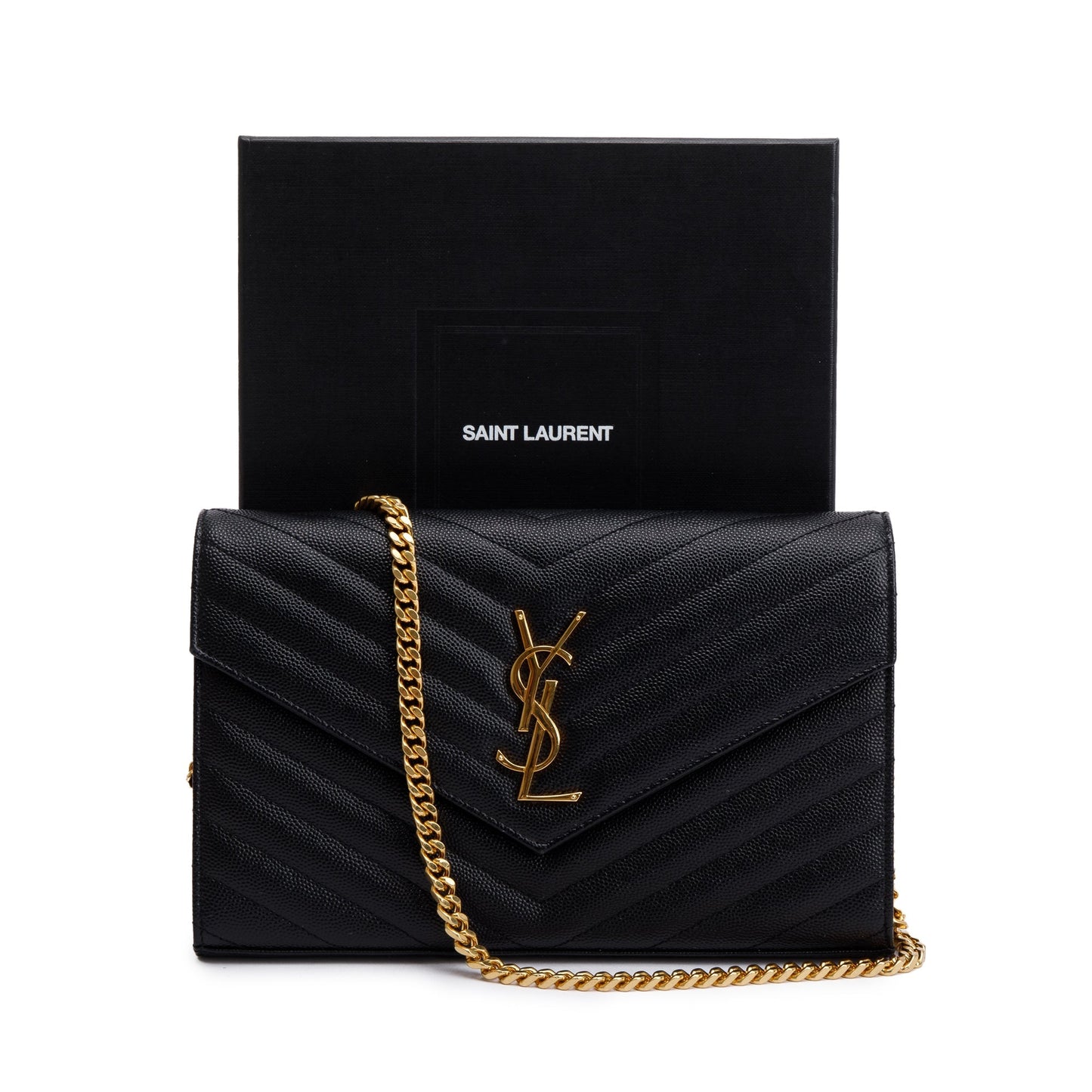 Saint Laurent Black Grain De Poudre Leather Cassandre Matelasse Chain Wallet