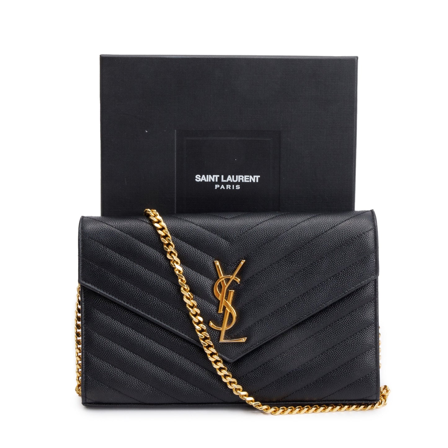 Saint Laurent Black Grain De Poudre Leather Cassandre Matelasse Chain Wallet