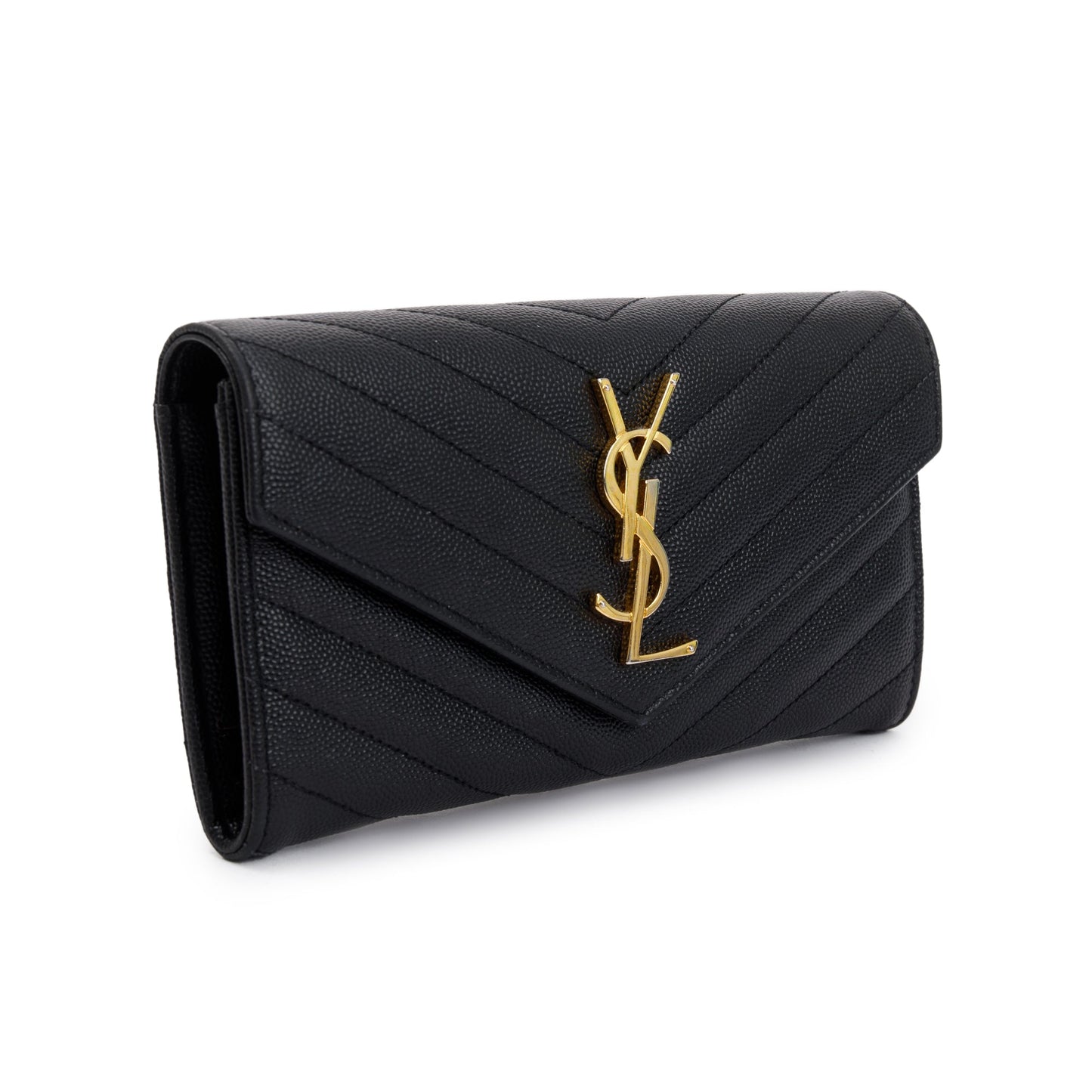 Saint Laurent Black Grain De Poudre Leather Cassandre Matelasse Large Flap Wallet