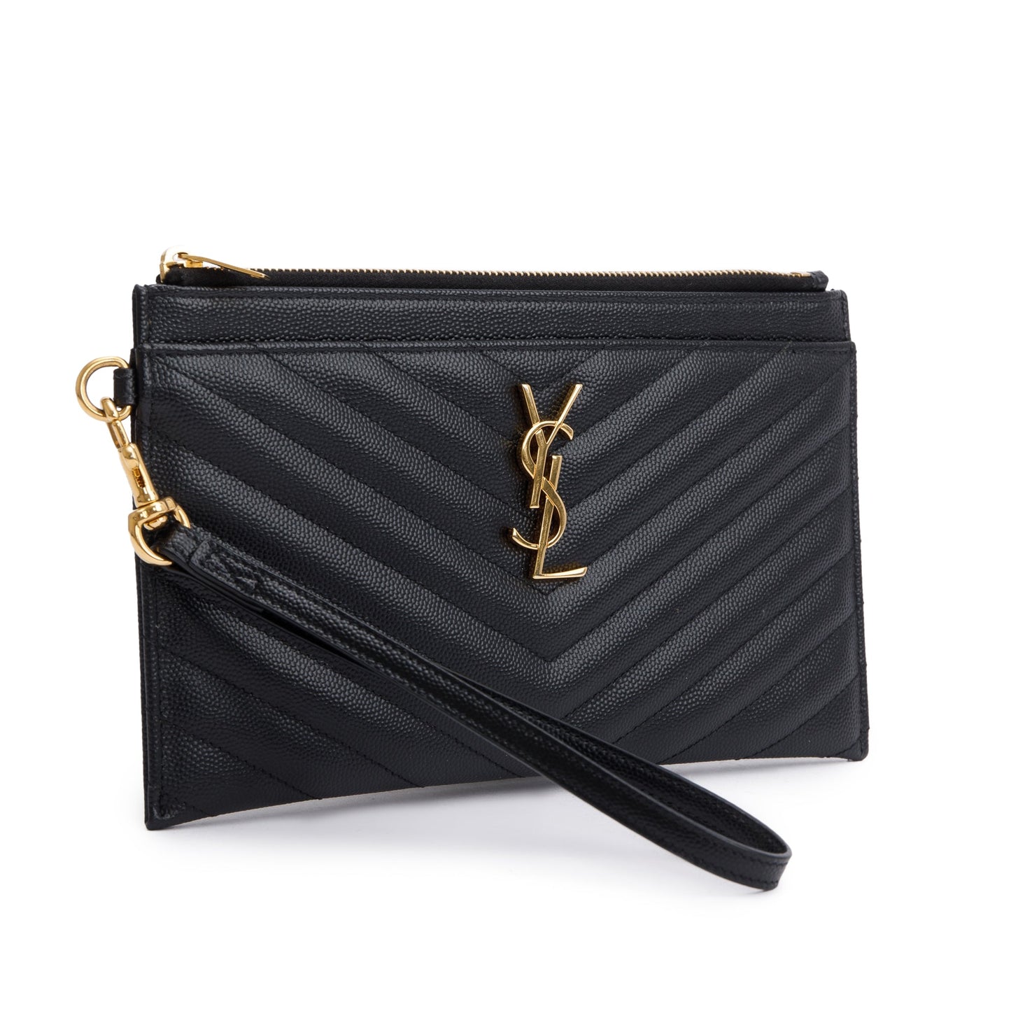 Saint Laurent Black Grain De Poudre Leather Cassandre Matelasse Large Zipped Pouch