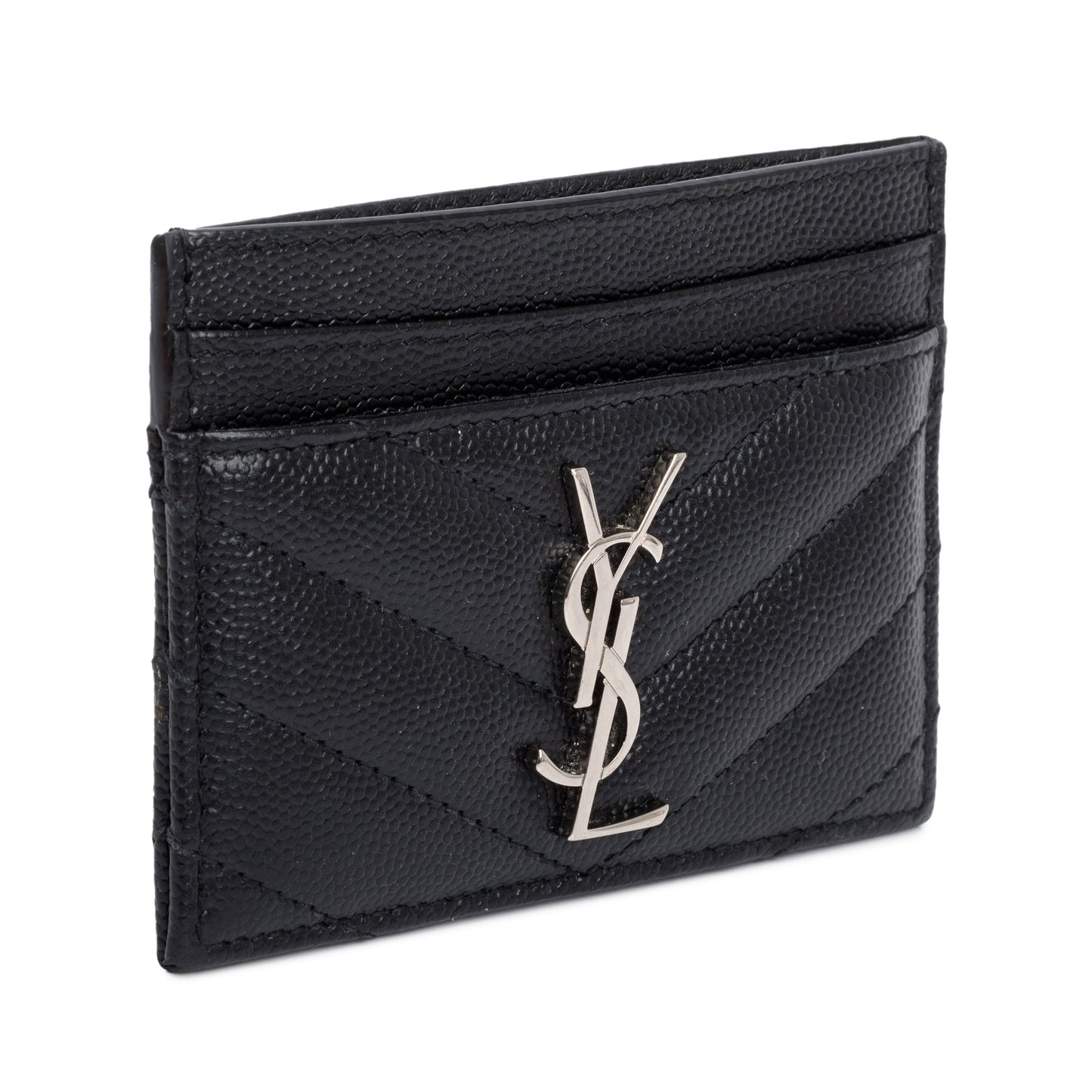 Saint Laurent Black Grain de Poudre Matelasse Chevron Leather Card Holder