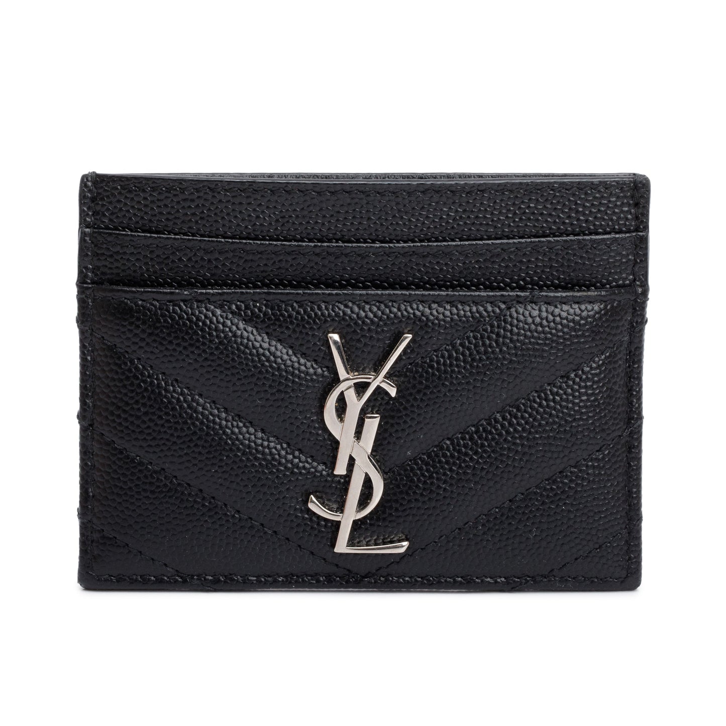 Saint Laurent Black Grain de Poudre Matelasse Chevron Leather Card Holder
