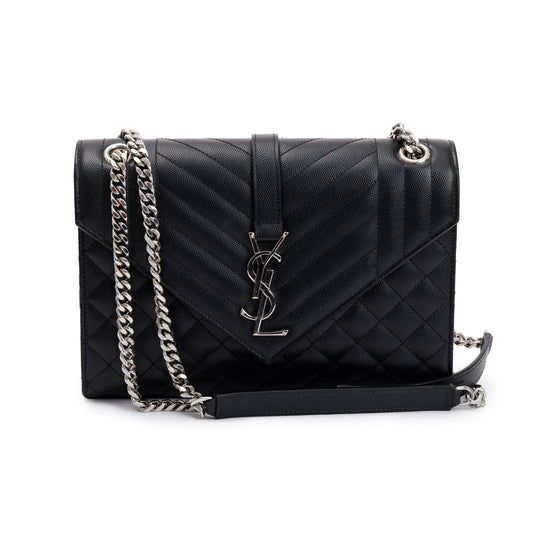 Saint Laurent Black Grained De Poudre Medium Envelope Shoulder Bag
