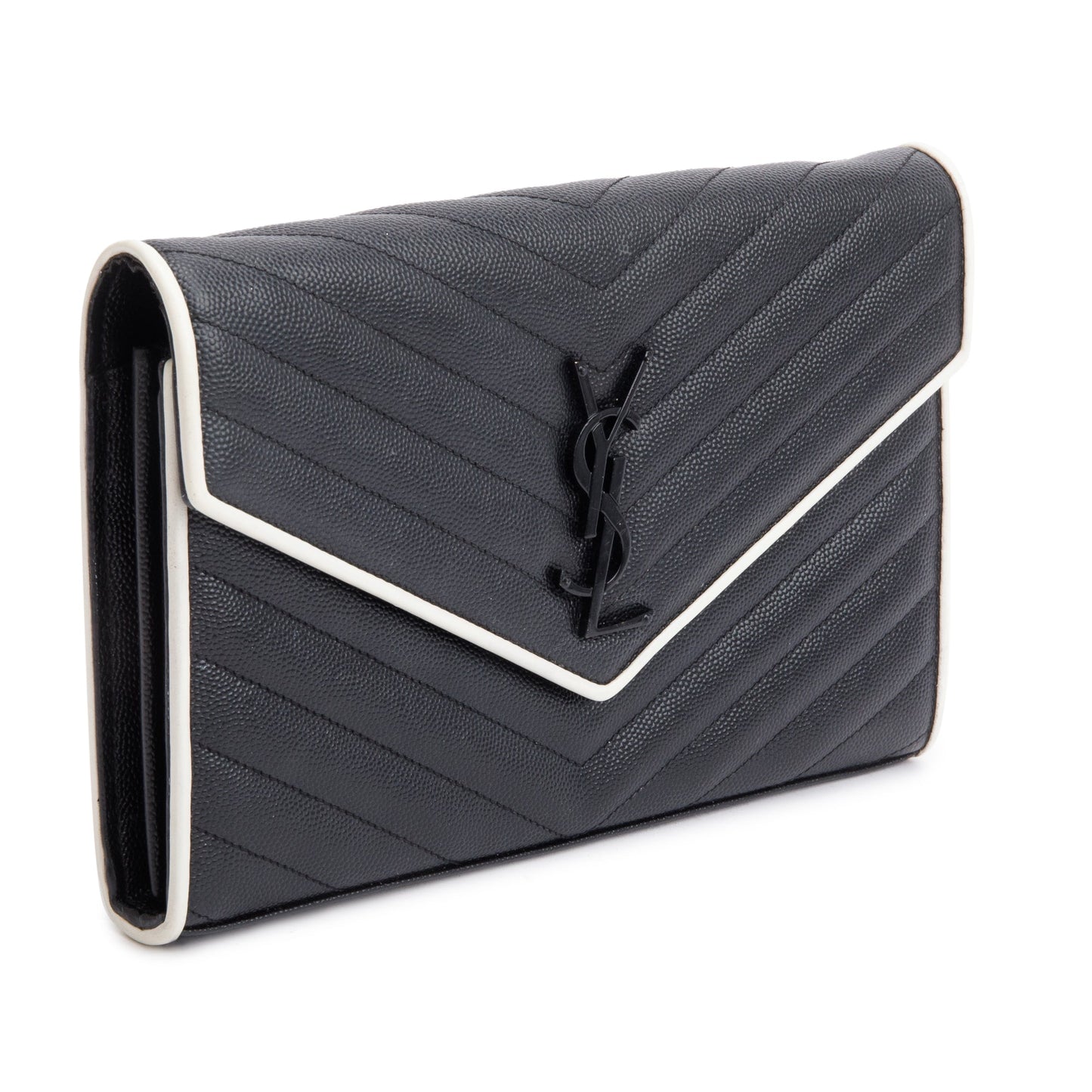 Saint Laurent Black Grained De Poudre White Contrast Trim Cassandre Matelasse Chain Wallet