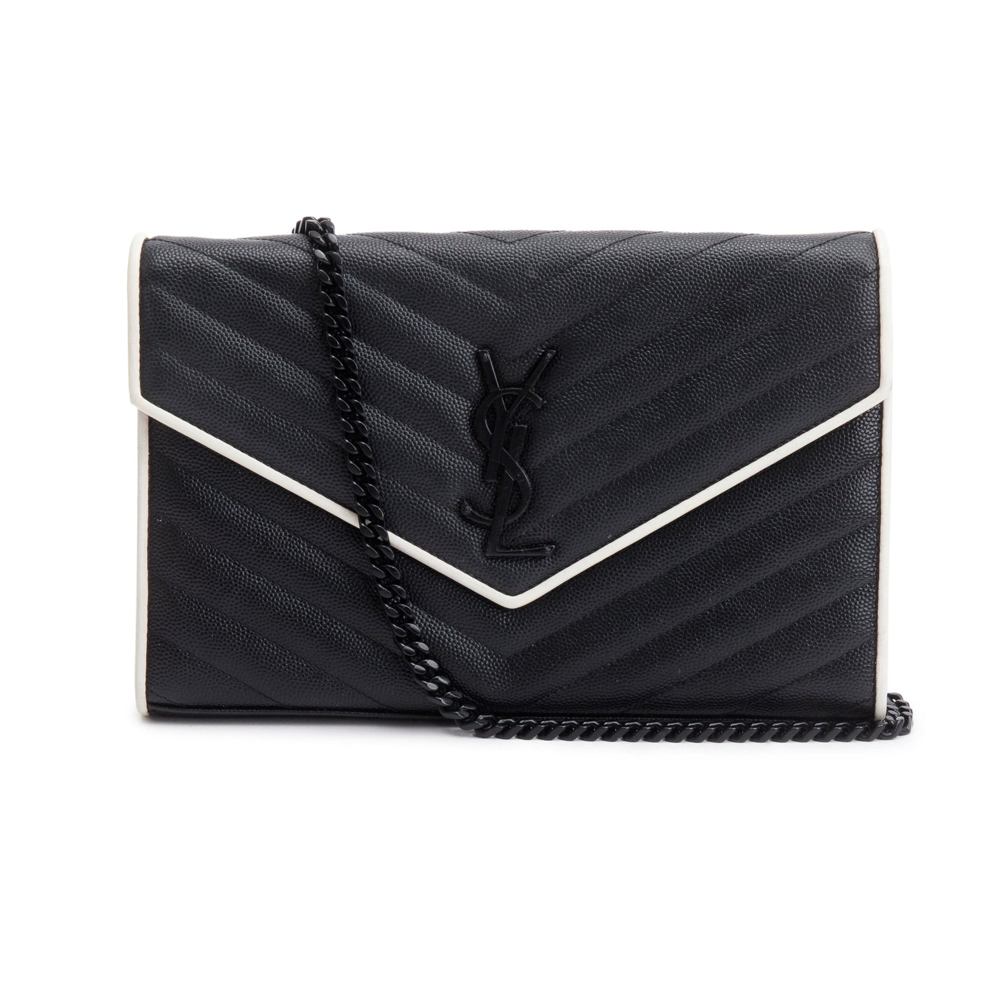 Saint Laurent Black Grained De Poudre White Contrast Trim Cassandre Matelasse Chain Wallet