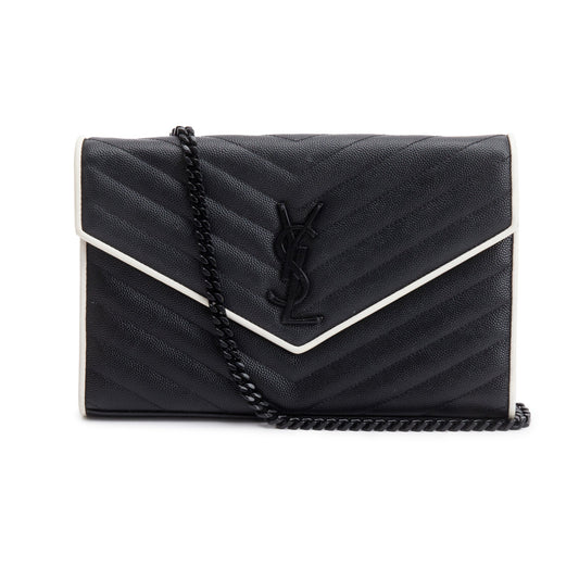 Saint Laurent Black Grained De Poudre White Contrast Trim Cassandre Matelasse Chain Wallet