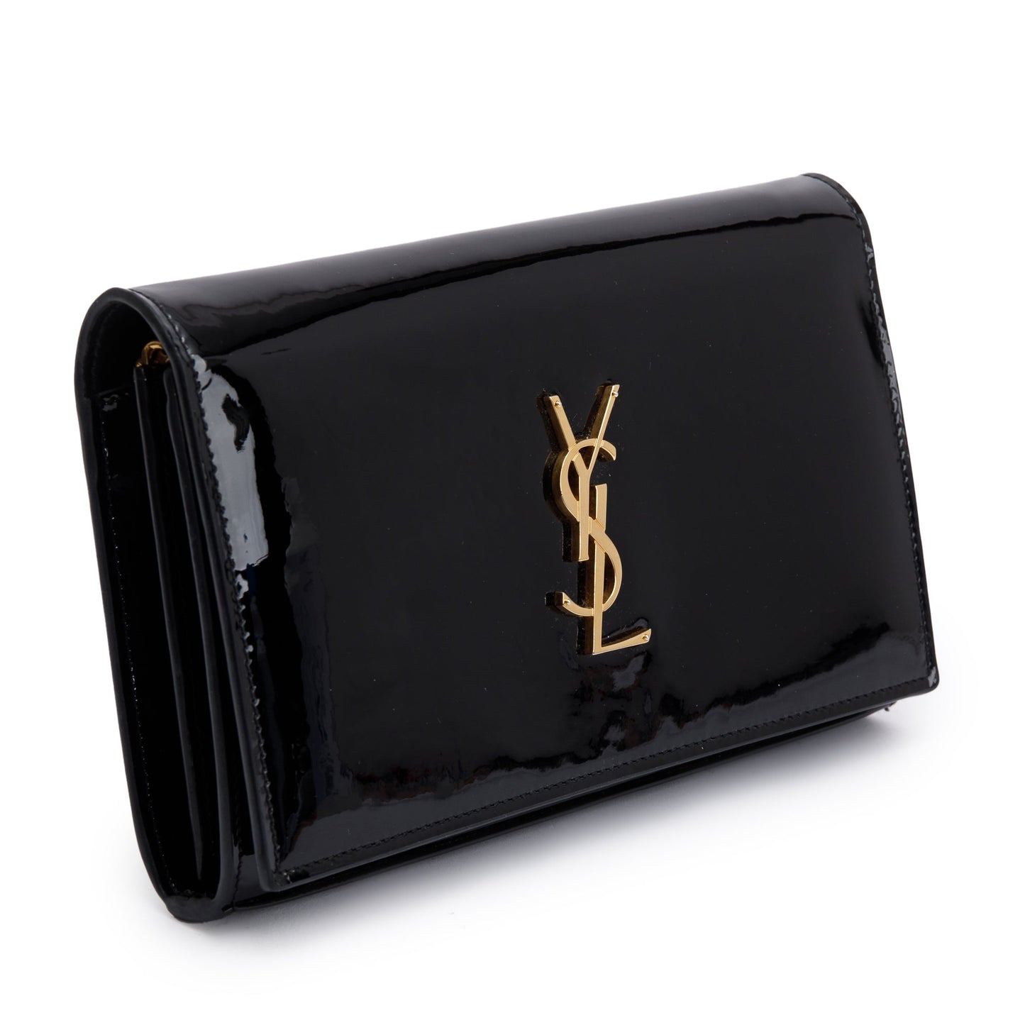 Saint Laurent Black Patent Leather Cassandre Wallet on Chain