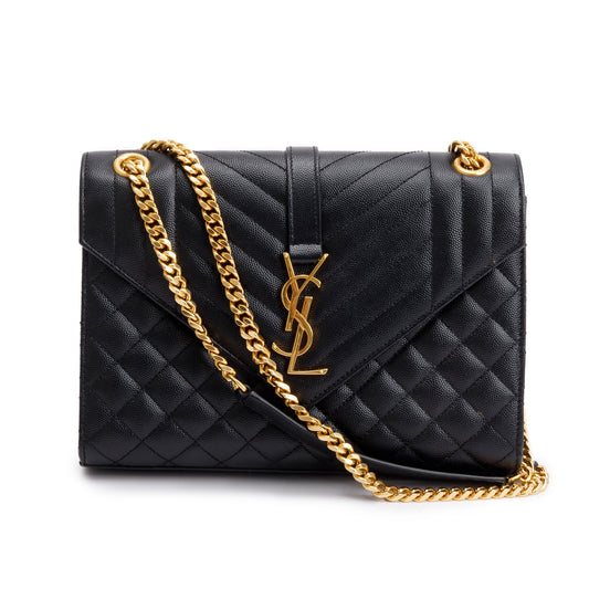 Saint Laurent Black Quilted Grain De Poudre Leather Medium Envelope Chain Bag
