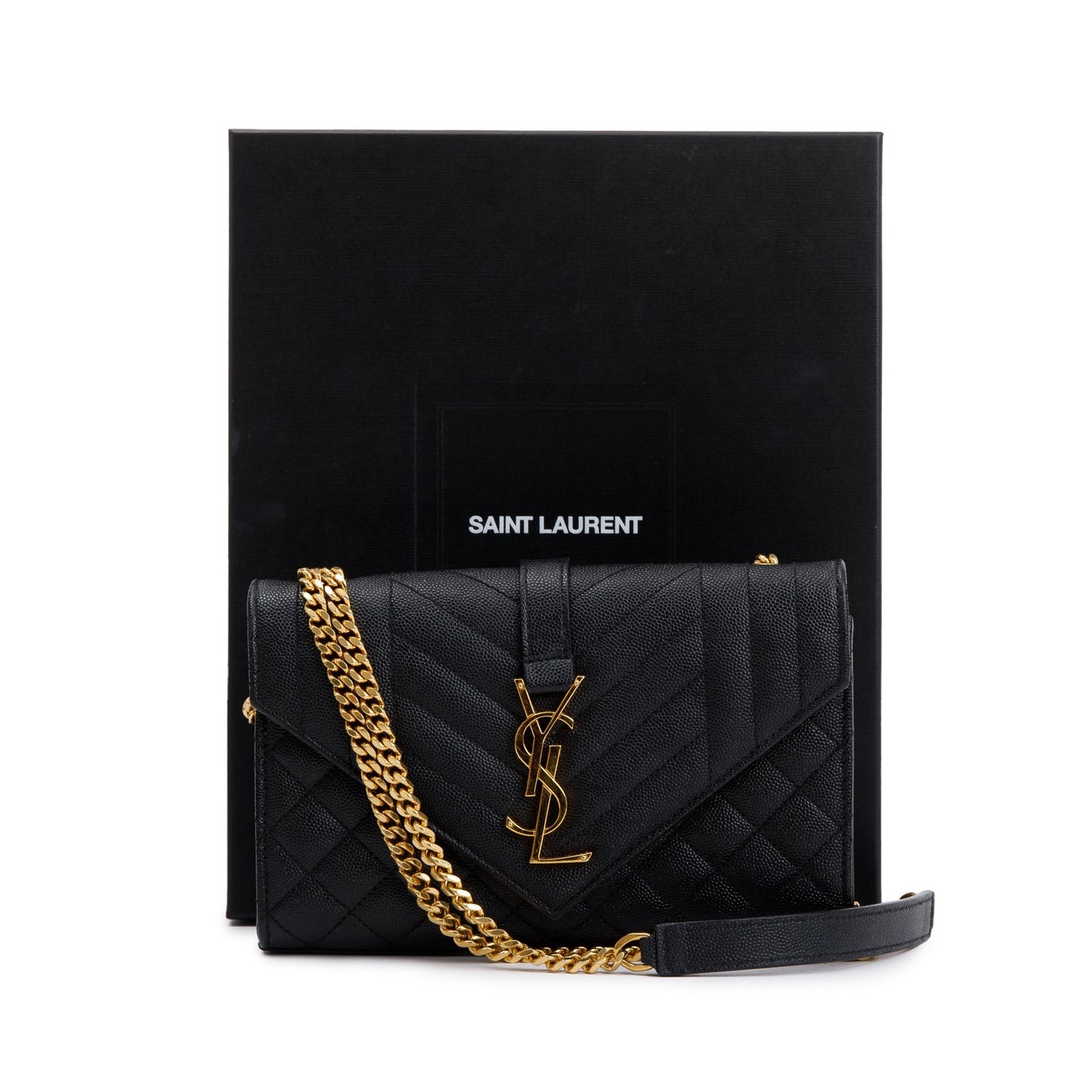 Saint Laurent Black Quilted Grain De Poudre Leather Small Envelope Chain Bag
