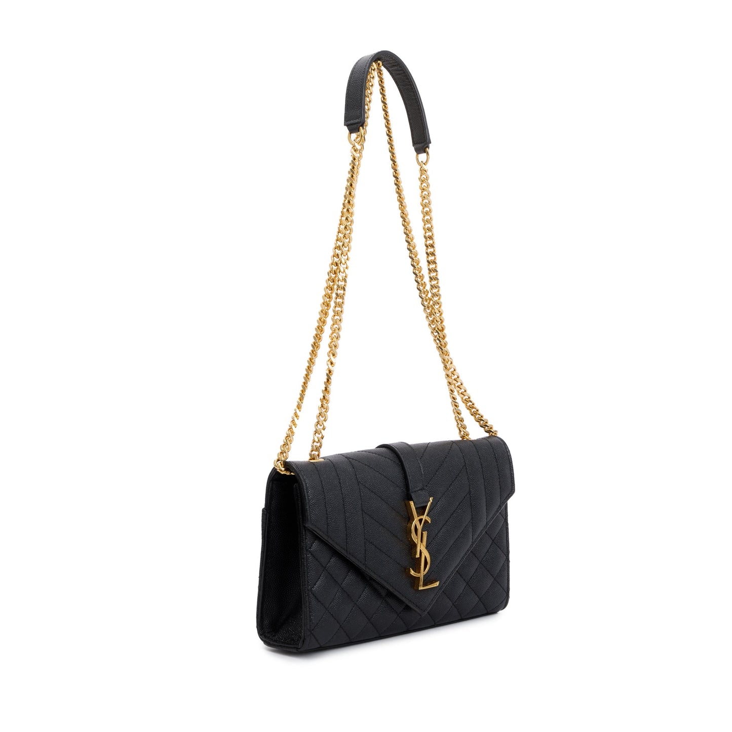 Saint Laurent Black Quilted Grain De Poudre Leather Small Envelope Chain Bag