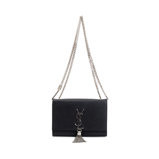 Saint Laurent Black Smooth Calfskin Leather Small Classic Monogram Kate Tassel Chain Bag