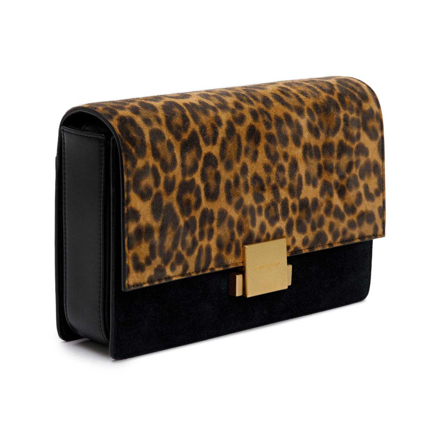Saint Laurent Black Smooth Leather Leopard Print Suede Medium Bellechase Bag