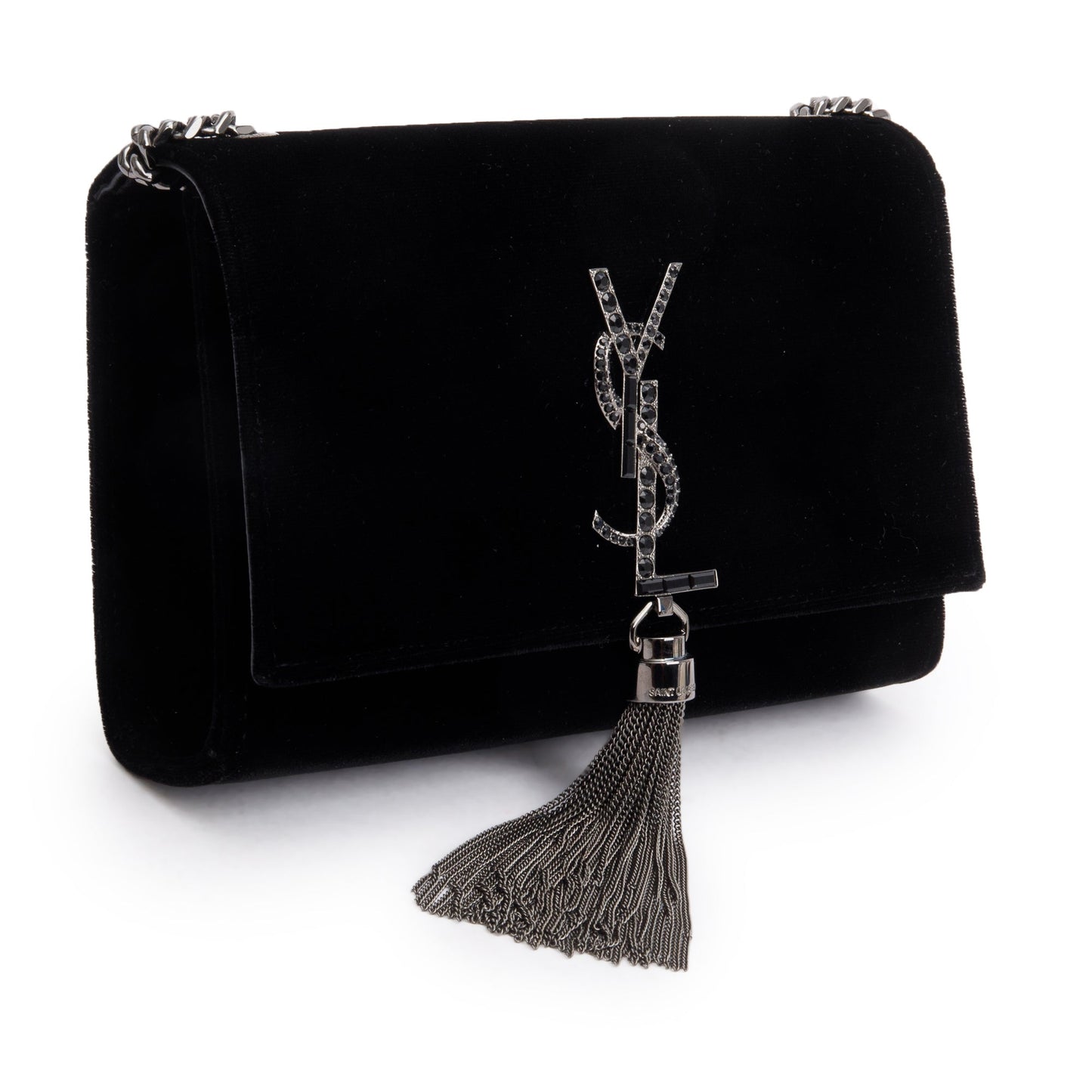 Saint Laurent Black Velvet Crystal Small Kate Tassel Bag