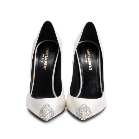 Saint Laurent Blanc Optic Satin Crystal Tower 110 Pumps, Size 36