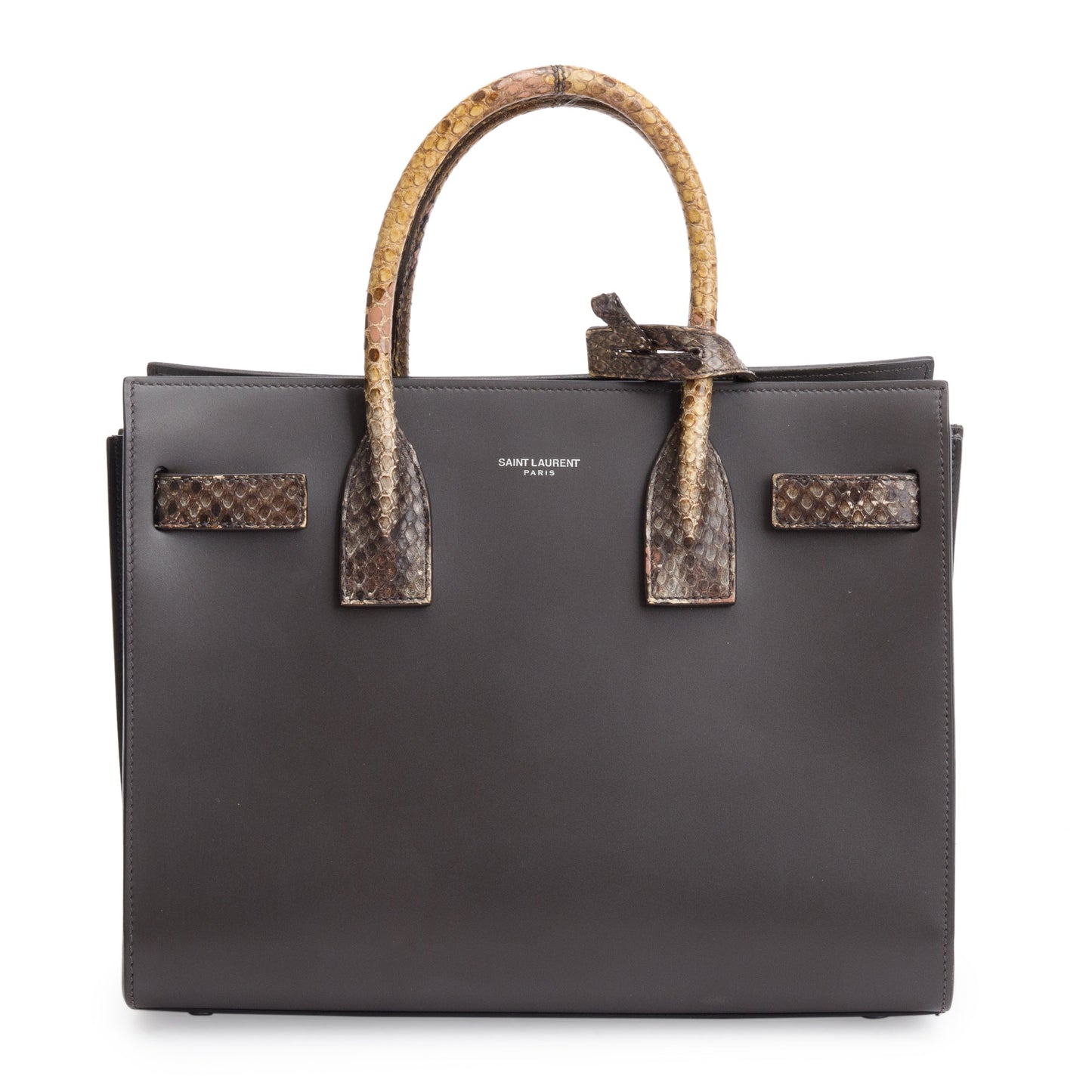Saint Laurent Brown Grained Leather Python Trim Baby Sac De Jour