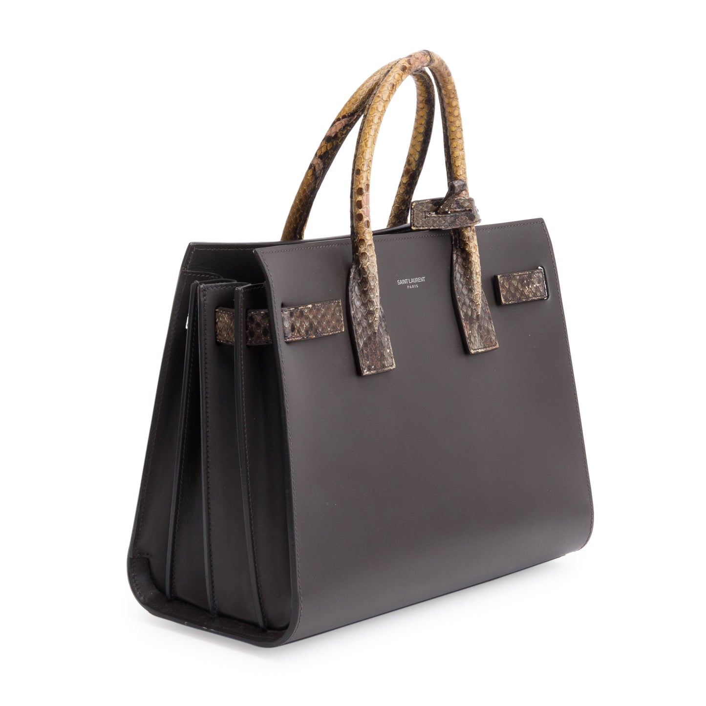 Saint Laurent Brown Grained Leather Python Trim Baby Sac De Jour