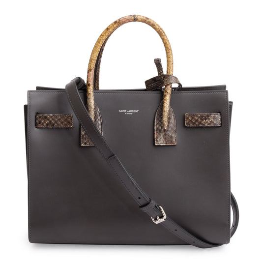 Saint Laurent Brown Grained Leather Python Trim Baby Sac De Jour