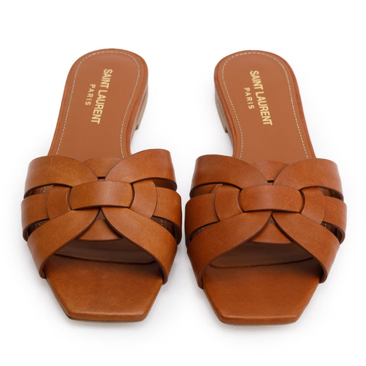 Saint Laurent Brown Smooth Leather Tribute Mules, Size 36.5