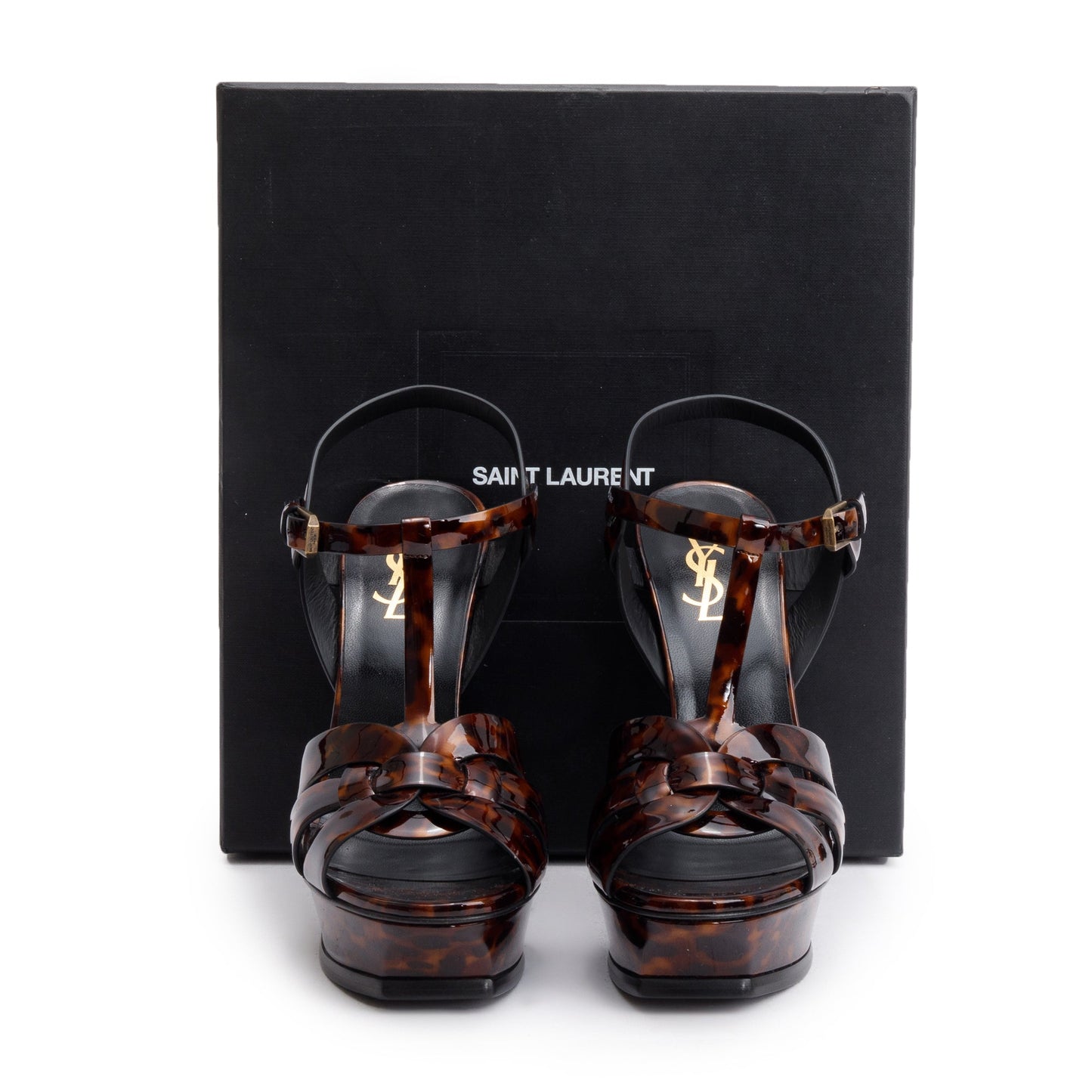 Saint Laurent Brown Tartaruga Patent Leather Tribute 105 Platform Sandals, Size 39