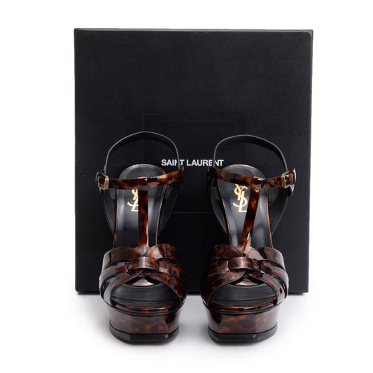 Saint Laurent Brown Tartaruga Patent Leather Tribute 105 Platform Sandals, Size 39