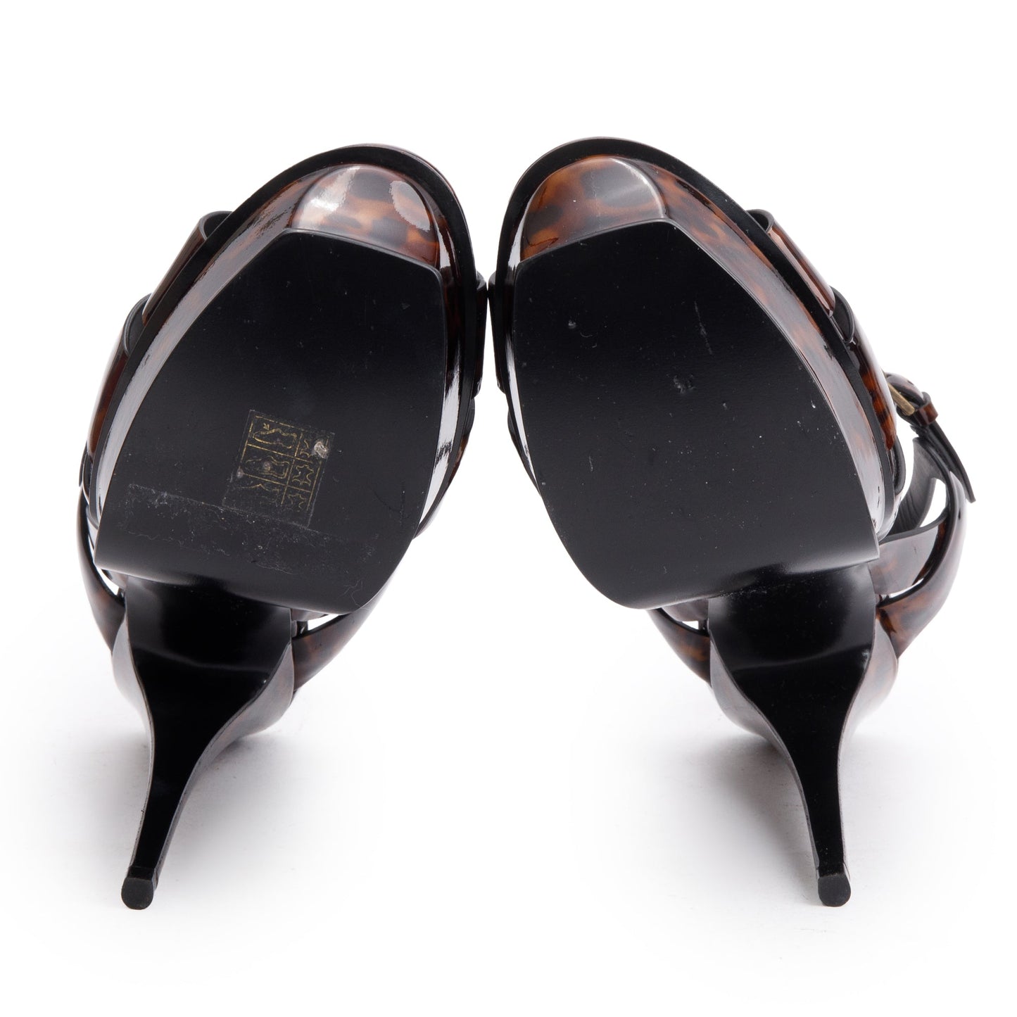 Saint Laurent Brown Tartaruga Patent Leather Tribute 105 Platform Sandals, Size 39