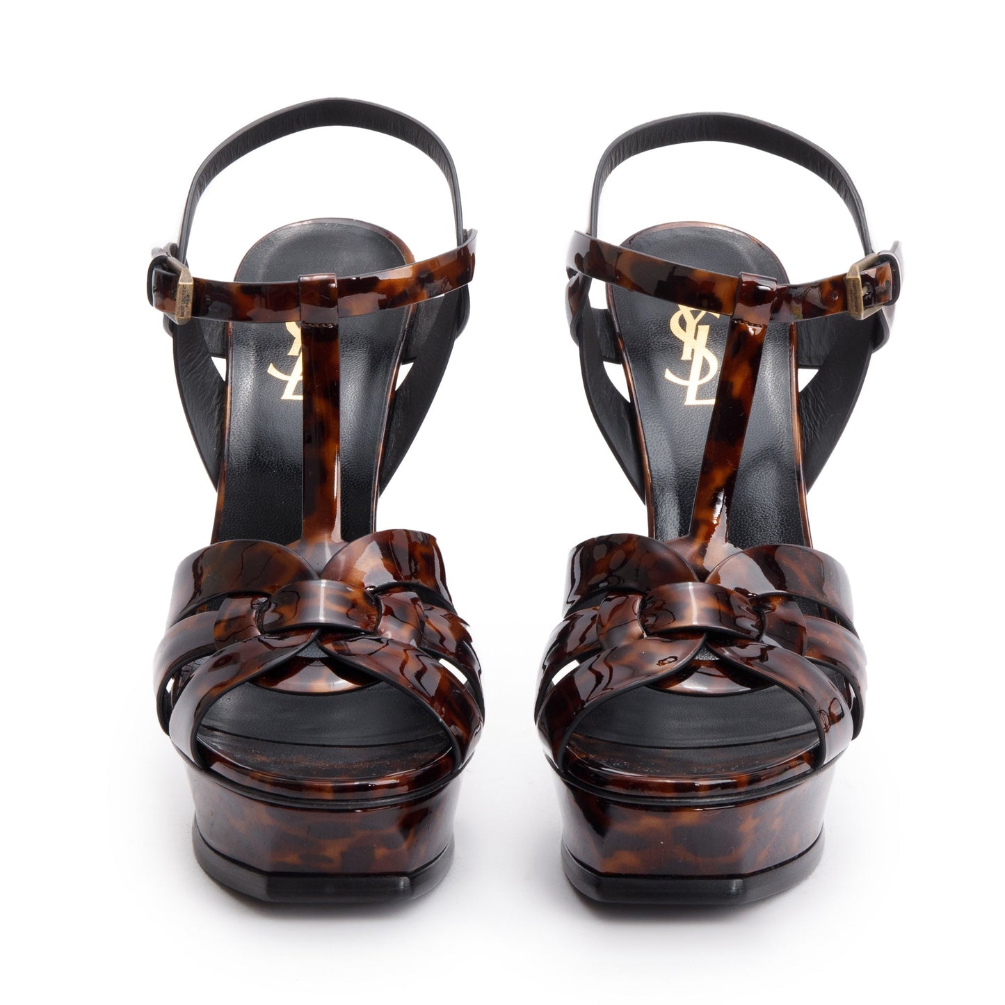 Saint Laurent Brown Tartaruga Patent Leather Tribute 105 Platform Sandals, Size 39