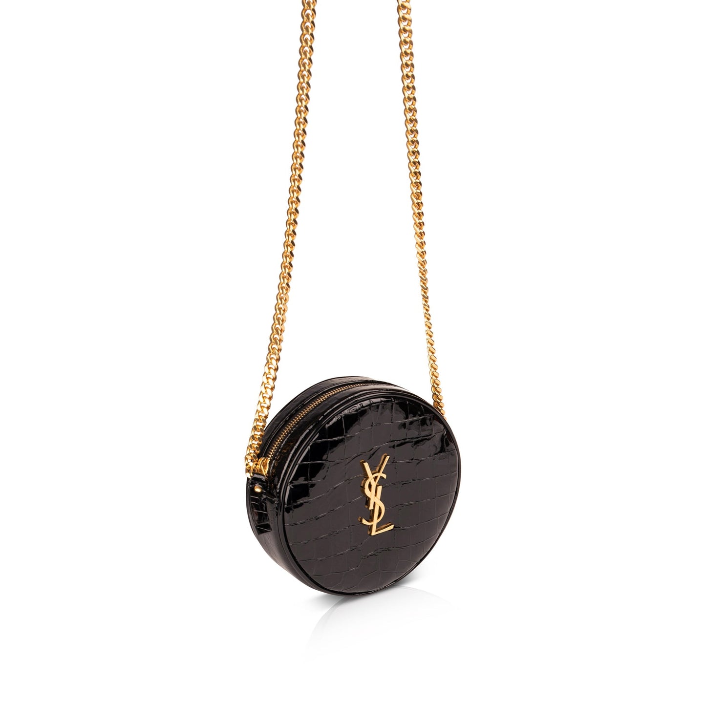 Saint Laurent Croc Embossed Patent Leather Round Monogram Camera Bag