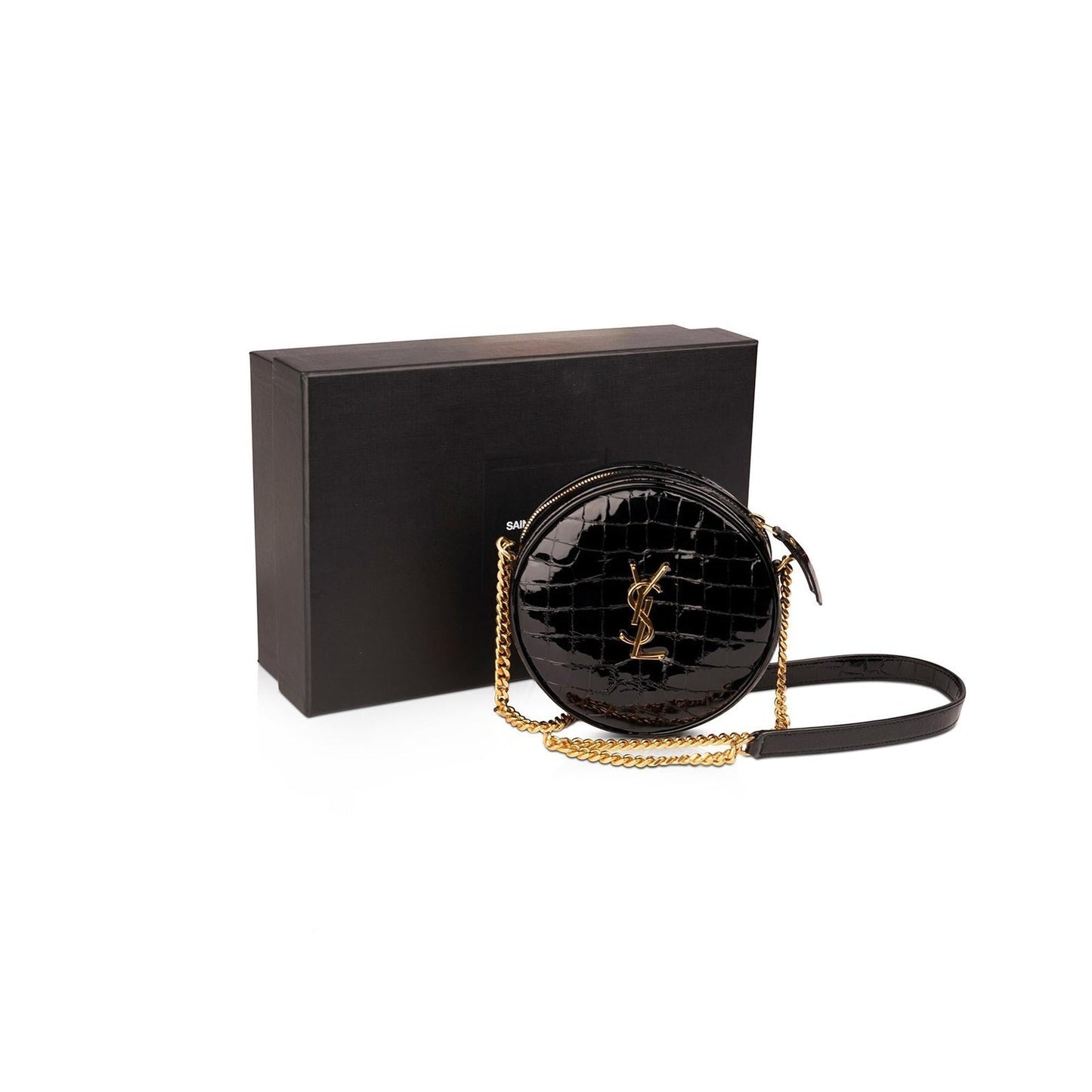 Saint Laurent Croc Embossed Patent Leather Round Monogram Camera Bag