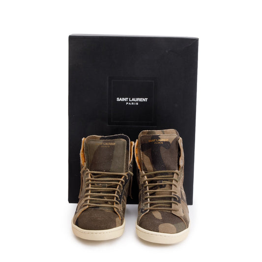 Saint Laurent Green Camouflage Suede Fringe Court Classic SL-18 High Top Sneakers, Size 39