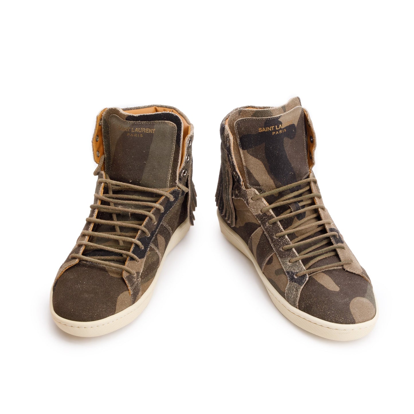 Saint Laurent Green Camouflage Suede Fringe Court Classic SL-18 High Top Sneakers, Size 39