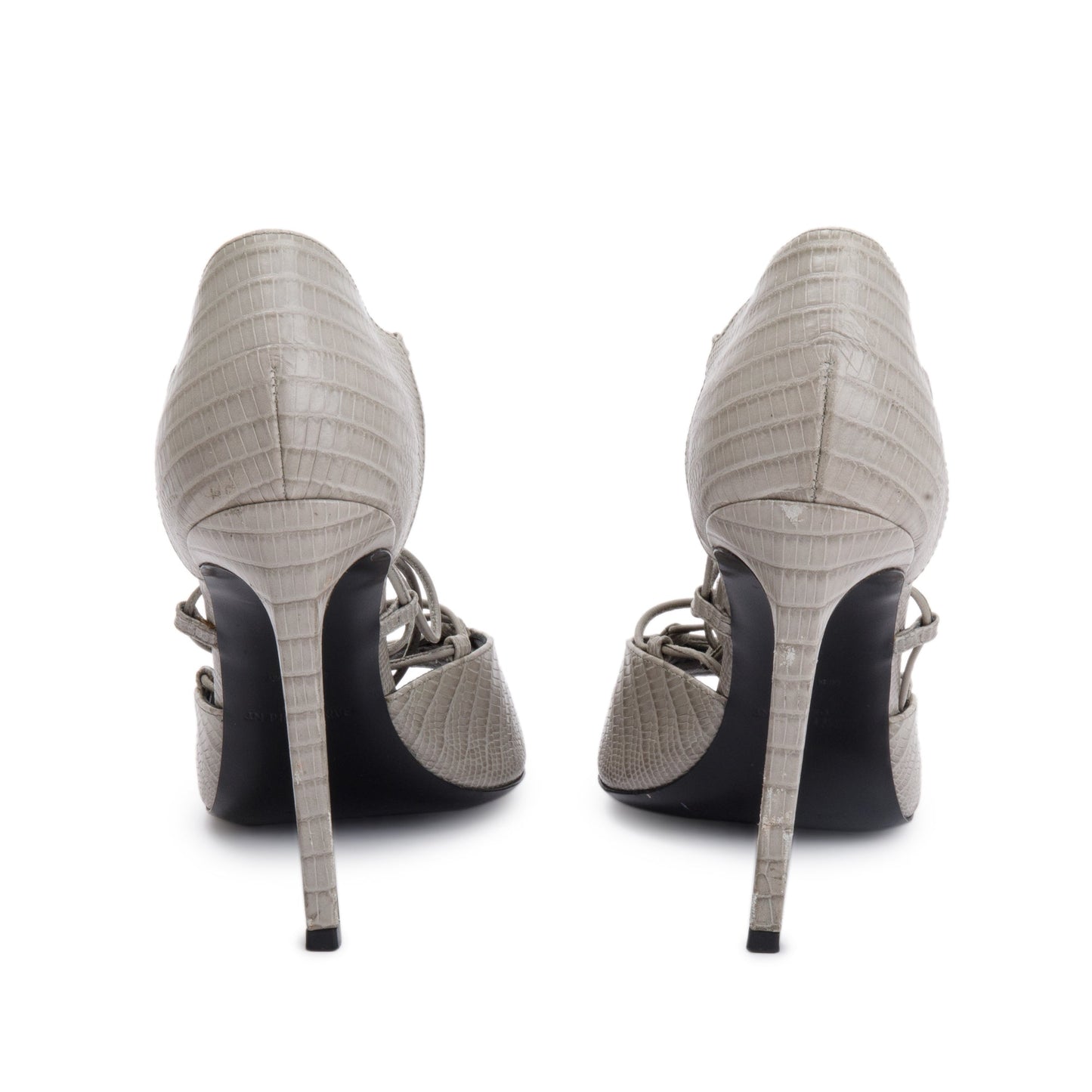 Saint Laurent Grey Croc Embossed Leather Jane Lace Up Sandals, Size 38