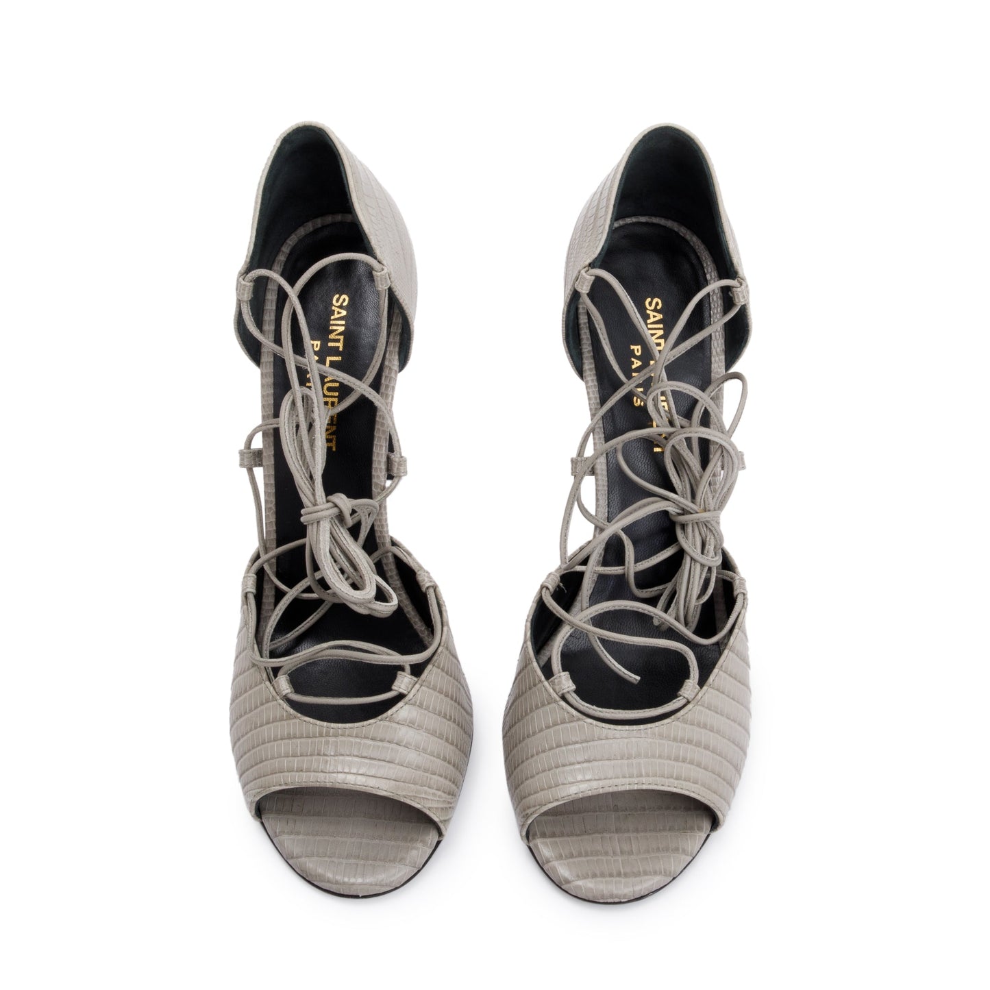 Saint Laurent Grey Croc Embossed Leather Jane Lace Up Sandals, Size 38